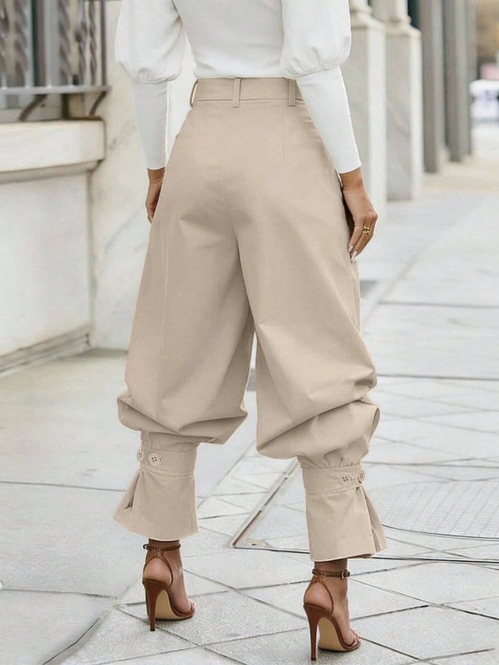 Apricot Casual Women's High-Waist Balloon Pants with Pleated Ruffle Hem - Picture 2 of 4